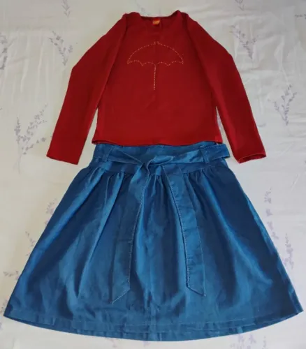Blusa Kyly Manga Longa Vermelha + Saia Azul