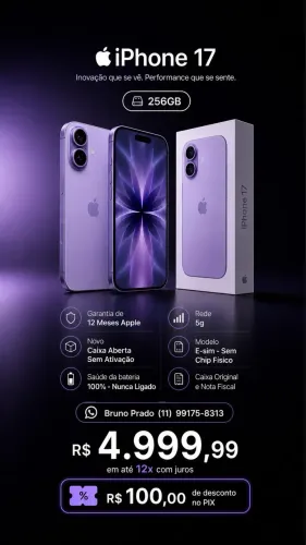 iPhone 17 256GB Roxo (Novo / Caixa Aberta Sem Ativação) + 1 Ano de Garantia Apple