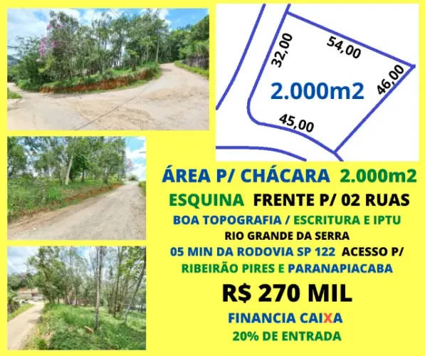 Área p/ Chácara ou Galpão 2.000m2 500m Rodovia SP 122 acesso p/ Paranapiacaba / Rib. Pires