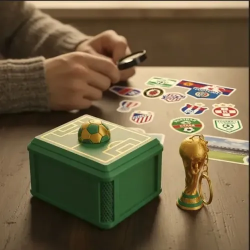 Caixa Porta Figurinhas da Copa do Mundo Verde + Chaveiro Taça da Copa 