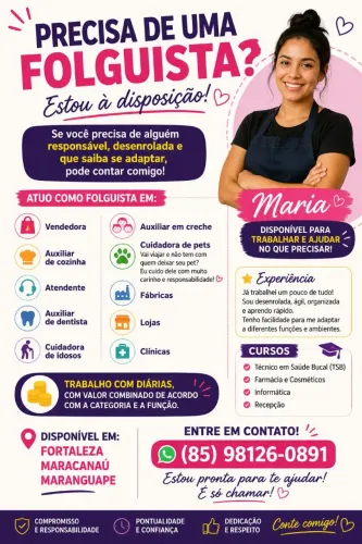 PRECISA DE UMA FOLGUISTA? ESTOU À DISPOSIÇÃO!