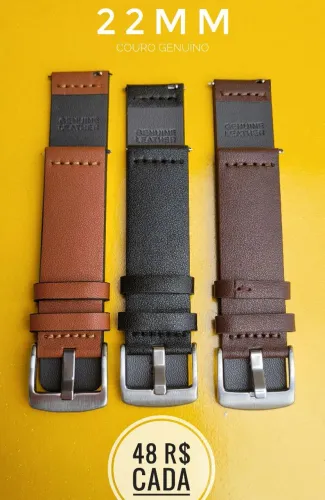Pulseiras em Couro Genuíno 22 Garmin Huawei Sansung Amazfit