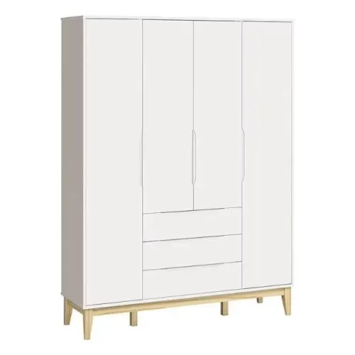 Armário 4 portas, 3 gavetas com corrediça telescópica, branco acetinado, pés cor natural