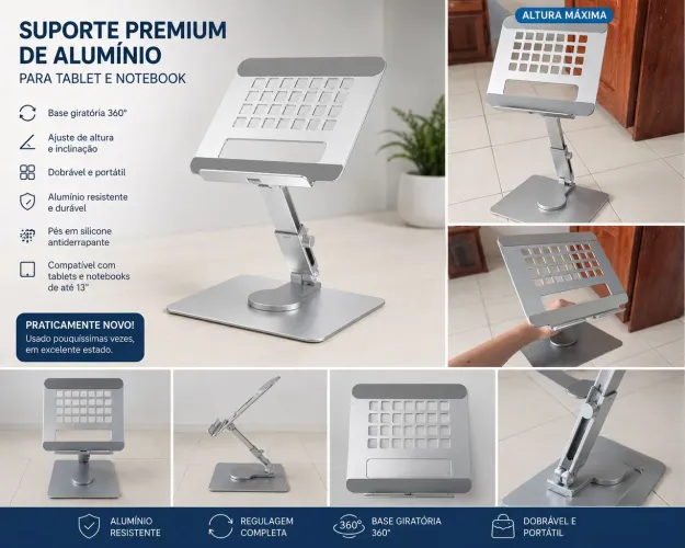 Suporte Premium de Alumínio para Tablet e NotebookDobrável e Ajustável