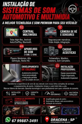 Instalação de Som Automotivo, Multimídia e Câmera de Ré em Dracena