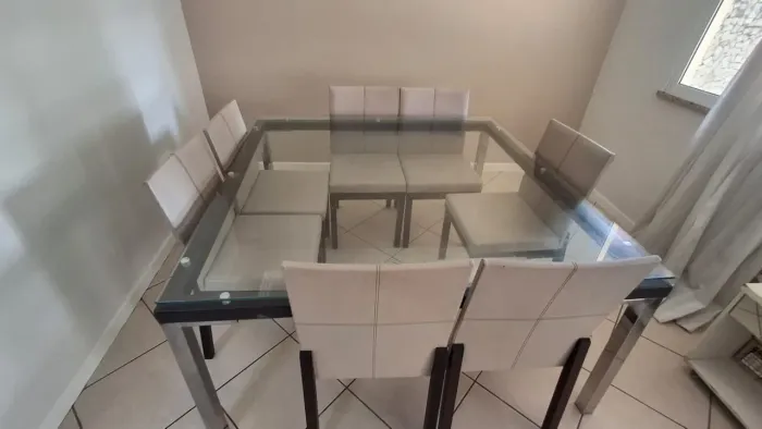 Conjunto Mesa Vidro Temperado 20mm + Aço Inox 1,50x1,60 + 7 Cadeiras