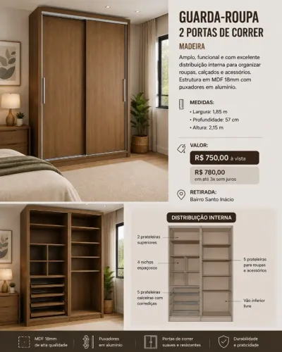 GUARDA-ROUPA 2 PORTAS DE CORRER - MDF 18 MM