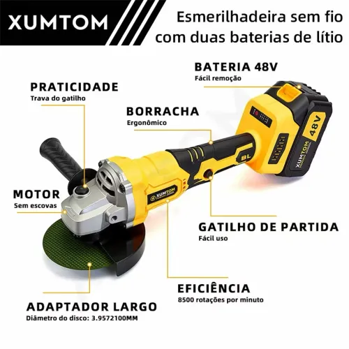 Esmerilhadeira Angular Sem Fio 48V Motor de Cobre Alta Potência, Corte, Desbaste em