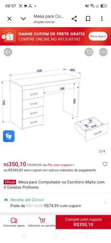 Escrivaninha para computador ou escritório com 4 gavetas e tampo de vidro $ 350. Reais