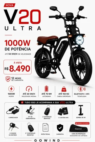 Bike Elétrica V20 ULTRA 1000W 50km/h , até 70km de Autonomia