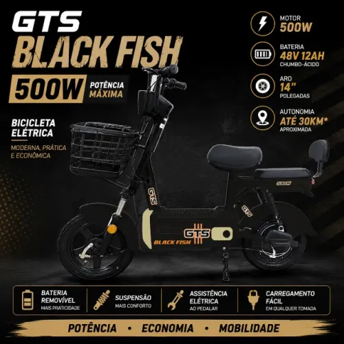Bicicleta Elétrica GTS Black Fish 500W 48V 12Ah Aro 14