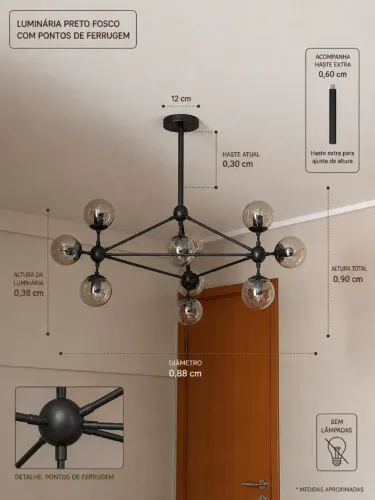 Luminária preto fosco 10 lâmpadas