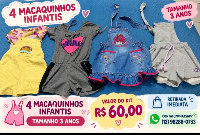 Vendo kit de quatro macaquinhos infantis tamanho 3 anos