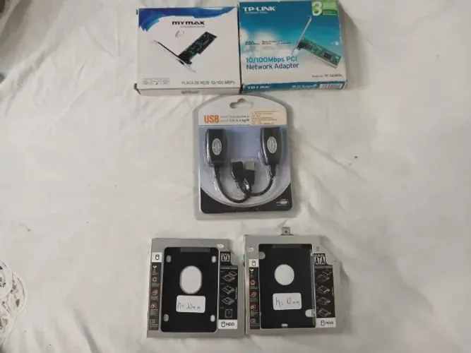 Coisas de info - 2 Placas Rede PC (NOVAS) + Extensor usb (NOVO) + 2 Docas Caddy Notebook