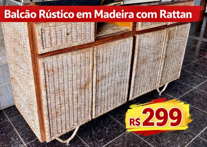 Balcão rústico em madeira com rattan