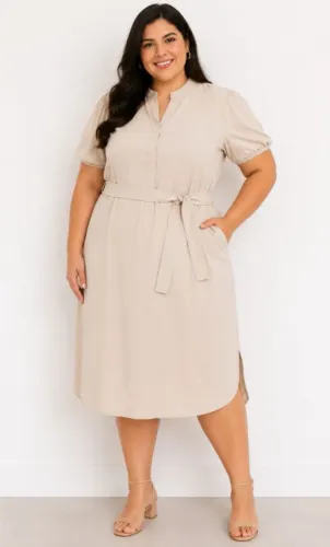 Vestido Midi Chemise Bege com Cinto Plus Size - Tamanho G/GG