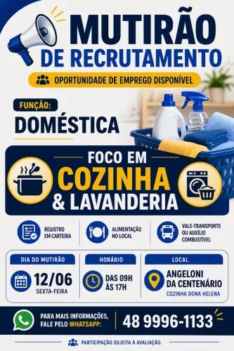 MUTIRÃO PARA VAGA DE DOMESTICA COM FOCO EM COZINHA E LAVANDERIA