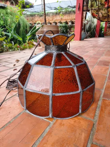 Luminária Pendente Vintage em Vitral Âmbar - Artesanal - Antiga