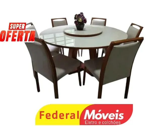 Mesa de Jantar 1,50m Diâmetro C/ 4 Cadeiras em Linho - Últimas Unidades!