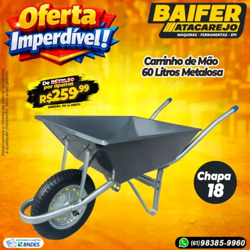 Carrinho de Mão Chapa 18 60 Litros Metalosa