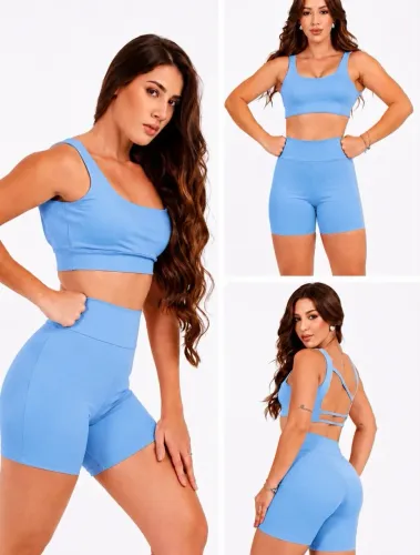Conjunto Fitness Feminino Azul Claro - Top + Short Cintura Alta