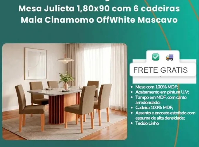Mesa Julieta 180x90 c/6 cadeiras - chama no zap