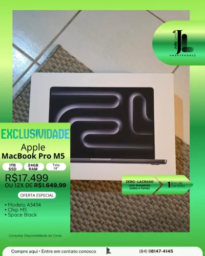 MACBOOK PRO M5, 1TB, 24GB RAM, TELA 14 POL., CHIP M5, LACRADO, LANÇAMENTO!!