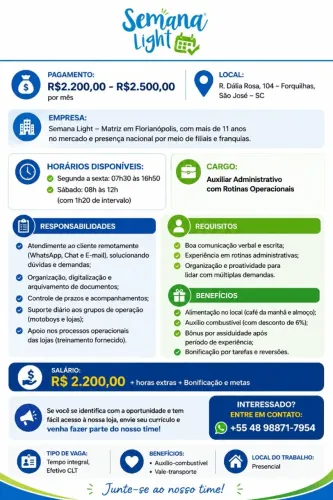 Vaga Auxiliar Administrativo com Rotinas Operacionais- Semana light