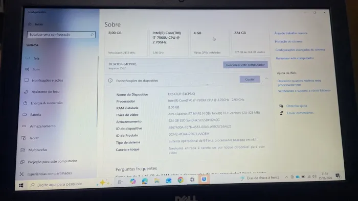 Notebook Dell i7 7ª Geração 8GB SSD Radeon