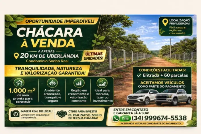 Chácaras a apenas 20 km de Uberlândia ? Condomínio Sonho Real