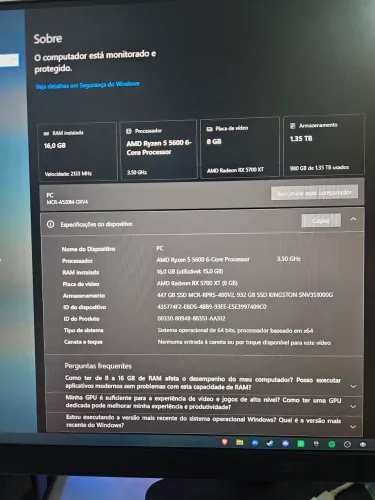 Computador Ryzen 5 5600, rx5700xt, 2x8 ram, 1 tera de armazenamento