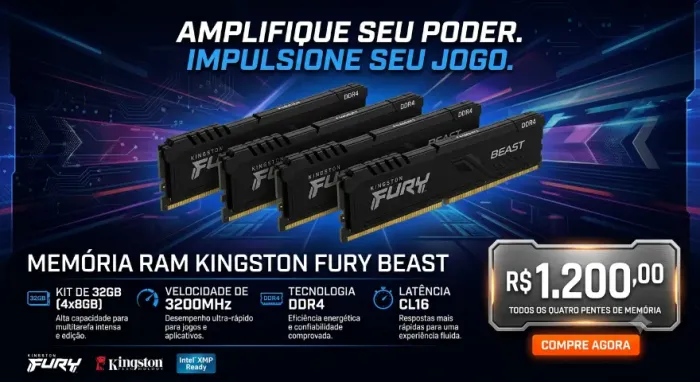 Memória RAM Kingston Fury Beast 32GB (4x8GB) DDR4 3200MHz CL16