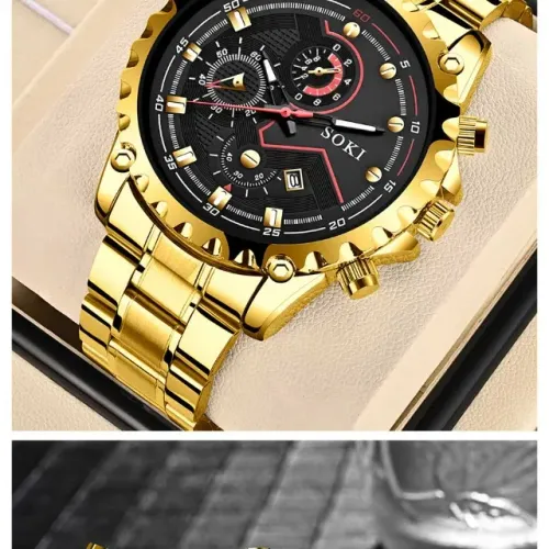 Relógio de pulso de quartzo de aço inoxidável Dourado masculino Calendário
