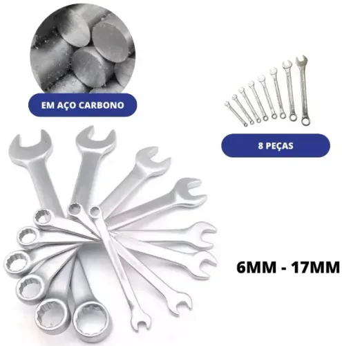 Jogo de Chave Profissional em Aço Cromado Starfer tipo Combinada de 6 Á 17mm 8 pçs
