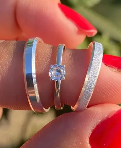 Conjunto chanfrado 3mm polido e diamantado e anel solitário cálice - Prata 950