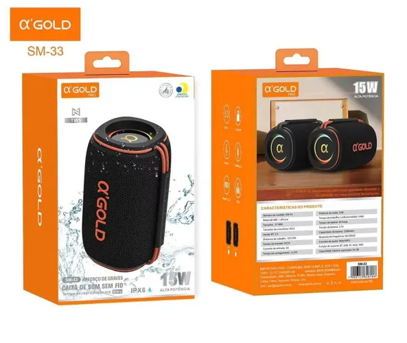 Caixa de Som Bluetooth Portátil A'GOLD SM-33 15W