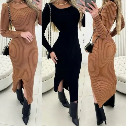 Vestido Tricot Fenda Lateral Manga Longa cor marrom terracota