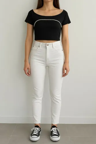 calça Skinny branca e cropped strass tam P