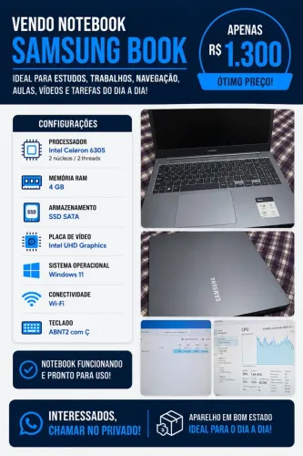 Notebook Samsung Book Intel Celeron 4GB RAM SSD - Windows 11