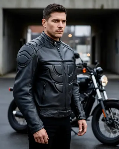Jaqueta Masculina de Couro Motociclista 019