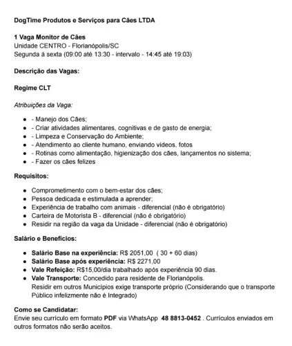 Vaga Para Monitor de Cães - Creche Canina Centro Florianópolis