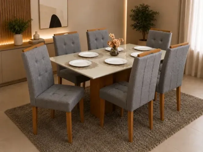 Mesa de jantar Los Angeles vidro laqueado com 6 cadeiras