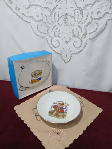 Antigo Prato Térmico Infantil Porcelana E Metal  