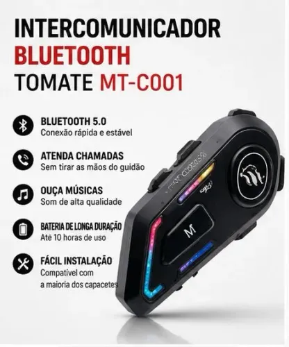 Intercomunicador Bluetooth Capacete Moto Tomate MT-C001 Sem Fio