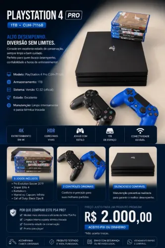 PS4 Pro 1TB + 2 Controles + 5 Jogos - Impecável!