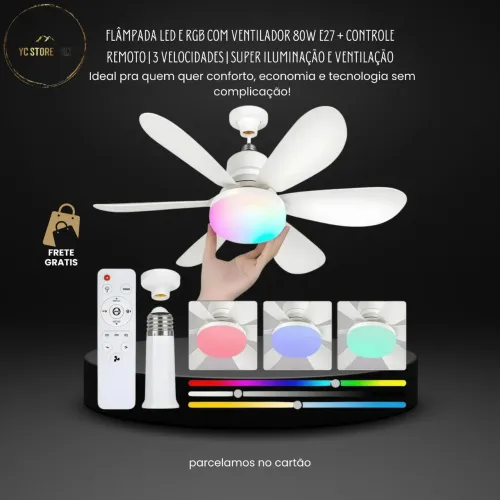 Ventilador Teto Lâmpada Led e RGB E27 Silencioso Controle Remoto 52cm/80w