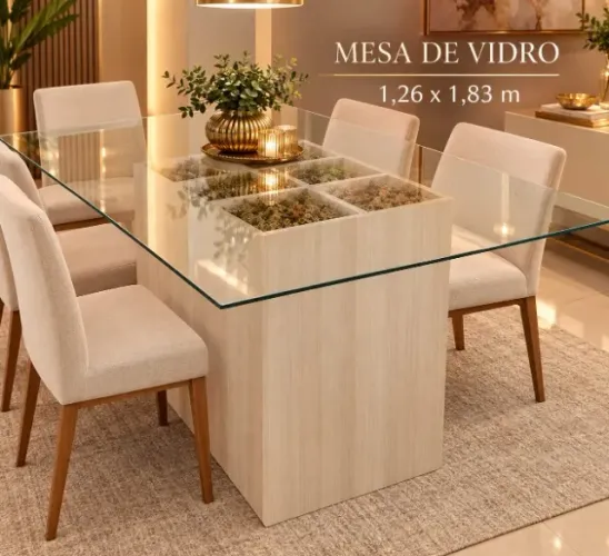 Mesa com tampo de vidro medindo 1,26 x 1x83m. Não acompanha cadeiras