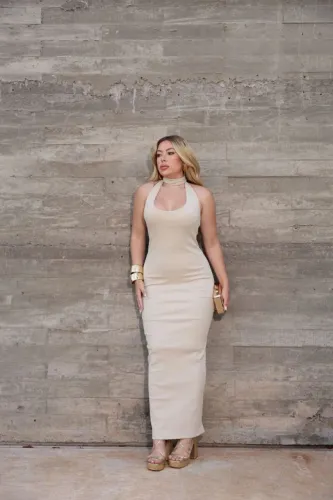 Vestido longo elegante ribana canelado