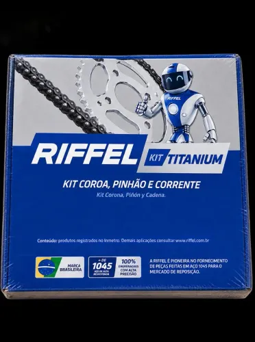 Kit de relação/transmissão (coroa, pinhão e corrente) da marca Riffel.