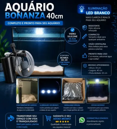 Aquário Bonanza 28L com LED + Bomba de Ar + Termômetro Adesivo